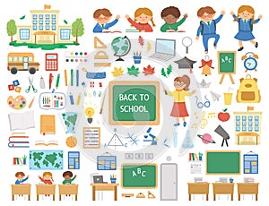 Big back to school vector set of elements. Giant educational clipart collection. Cute flat style classroom objects with supplies,