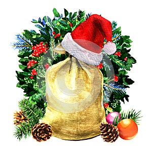 Big bag with Christmas toys, Santa Claus red hat, traditional winter New year and Christmas wreath, pine cones, xmas