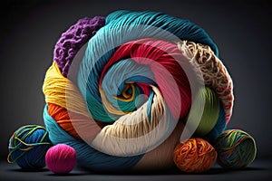 Big ball of colorful threads, yarns, wool, cotton. Variety of wool colors, yarn balls and thread sizes. Generative Ai