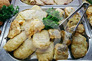 Big banquet table with chafing dish heaters