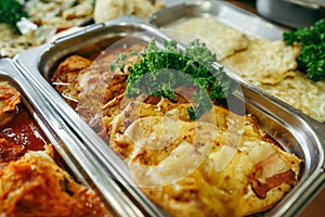 Big banquet table with chafing dish heaters