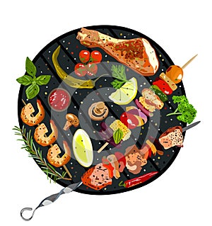 Big barbecue set. Vector isolated illustration in a round shape