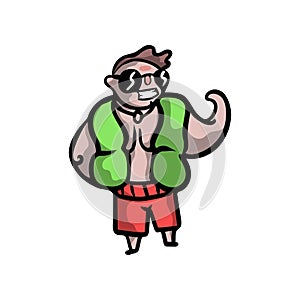 Big beach safeguard man in green vest and red shorts