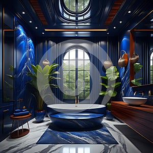 A big beautiful bathroom in blue with cocobolo wooden details