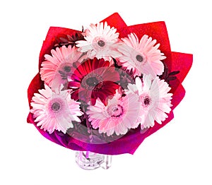 Big beautiful bouquet of gerberas on a white background, isolated flowers without the background. lots of great colors.