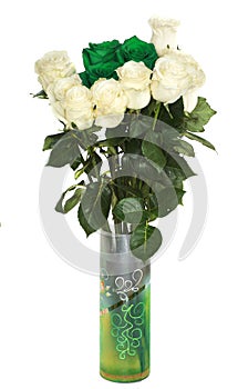 Big beautiful bouquet of roses, red blue white and green flowers on a white background, roses isolate.