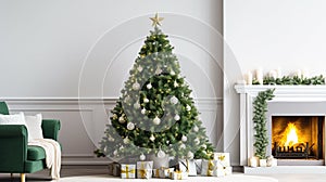 A big beautiful green Christmas tree with shiny balls and New Year\'s gifts in holiday boxes