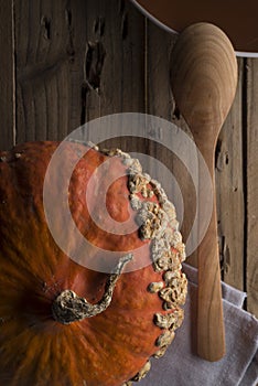 Big Beautiful ripe pumpkin and wooden spoon on old dark table.