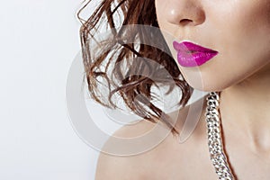 Big beautiful sensual girls lips with bright pink lipstick,beauty fashion photography