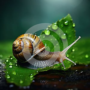 Big beautiful snail on a green leaf closeup