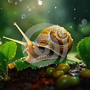 Big beautiful snail on a green leaf closeup