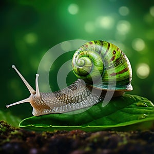 Big beautiful snail on a green leaf closeup
