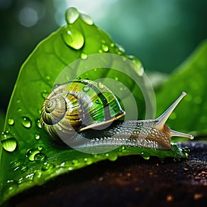 Big beautiful snail on a green leaf closeup