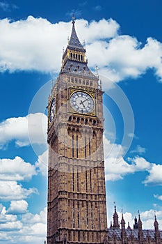 Big Ben on blue sky background in London, UK