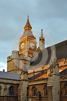 Big Ben clock behind peaks of parliament, London