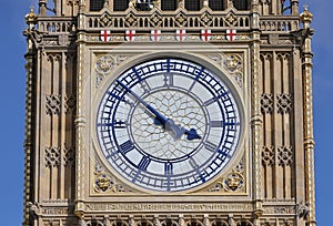 Big Ben Clock Tower in London and houses of parliament, UK, in a sunny day.