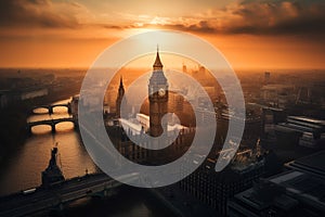 Big Ben Clock Tower in London on sunset. Westminster Bridge in London city aerial view.