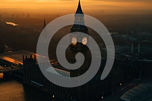 Big Ben Clock Tower in London on sunset. Westminster Bridge in London city aerial view.