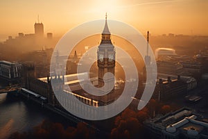 Big Ben Clock Tower in London on sunset. Westminster Bridge in London city aerial view.