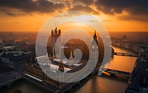 Big Ben Clock Tower in London on sunset. Westminster Bridge in London city aerial view.