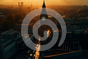 Big Ben Clock Tower in London on sunset. Westminster Bridge in London city aerial view.