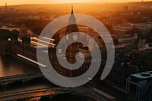 Big Ben Clock Tower in London on sunset. Westminster Bridge in London city aerial view.