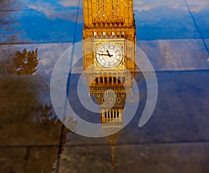 Big Ben Clock Tower puddle reflection London