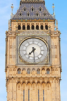 Big ben close up in London, blue sky