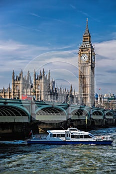 Big Ben with cruise ship in London, England, UK