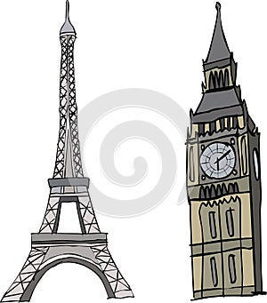 Big Ben and the Eiffel Tower. Paris and London sightseeing