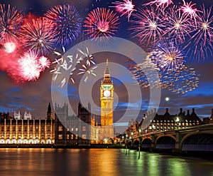 Big Ben with firework in London, England celebration of the New Year