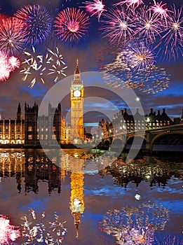 Big Ben with firework in London, England celebration of the New Year