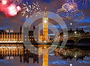 Big Ben with firework in London, England celebration of the New Year