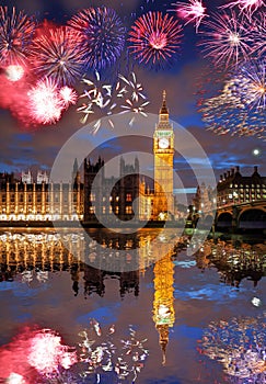 Big Ben with firework in London, England celebration of the New Year