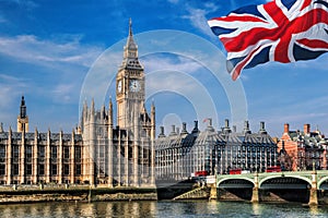 Big Ben with flag of United Kingdom in London, UK