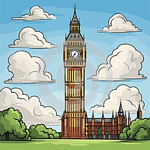 Big Ben hand-drawn comic illustration. Big Ben. Vector doodle style cartoon illustration