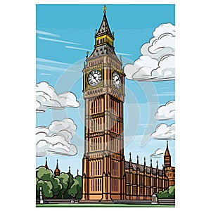 Big Ben hand-drawn comic illustration. Big Ben. Vector doodle style cartoon illustration