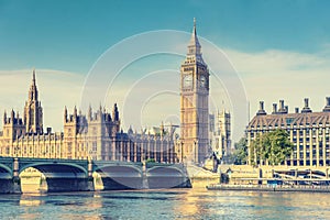 Big Ben and House of Parliament, London, UK, vintage effect styl