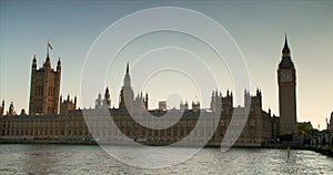 Big Ben and the Houses of Parliament alongside the River Thames at dusk, London, England