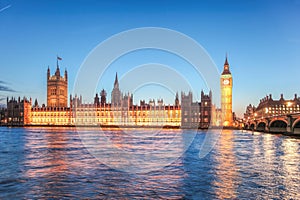 Big Ben and houses of Parliament during a beautiful evening in London, England, UK