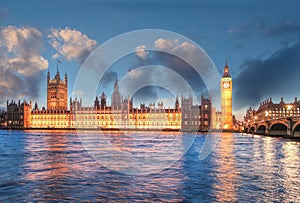 Big Ben and houses of Parliament during a beautiful evening in London, England, UK