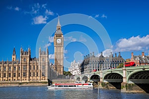 Big Ben and Houses of Parliament with boat in London, England