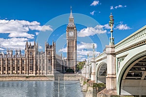 Big Ben and Houses of Parliament with bridge in London, England, UK