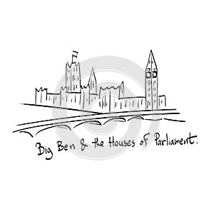 Big Ben and the Houses of Parliament with bridge and Thames river illustration vector isolated on white background line art