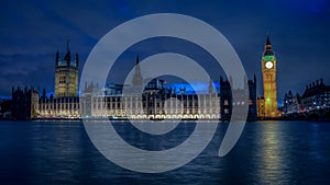 Big Ben and Houses of Parliament at dusk from the bank of river Thames, London, UK