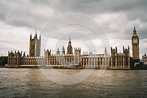 Big Ben and Houses of Parliament, London, UK, over the river Thames under a cloudy sky