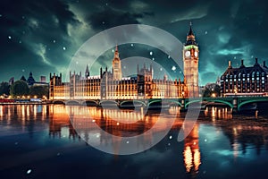 Big Ben and Houses of Parliament at night, London, UK, Big Ben and the Houses of Parliament at night in London, UK, AI Generated