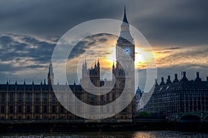 Big Ben, Houses of Parliament, sunset evening, Thames, London, UK