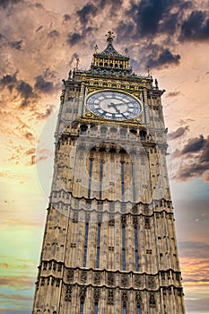 Big Ben and Houses of parliament at sunset in London, UK