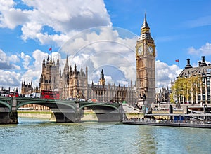 Big Ben with Houses of Parliament and Westminster bridge, London, UK